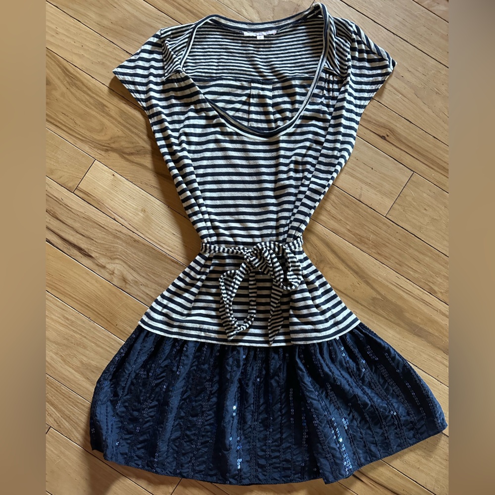Rebecca Taylor Navy Striped and Sequined Mini Dress